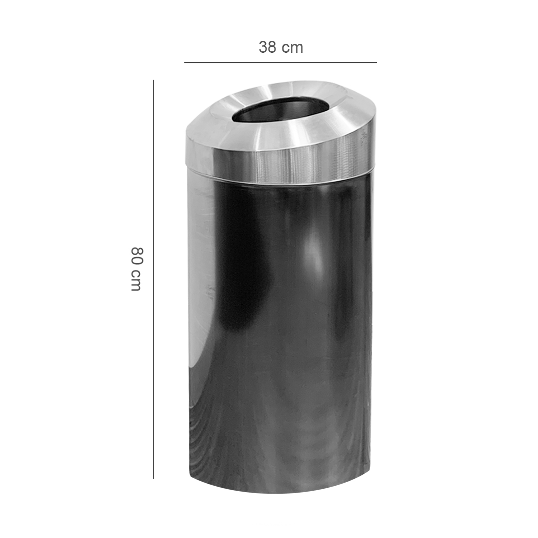 44L Stainless Cylindrical Slanted Cover Trash Bin Angled - Dimensions