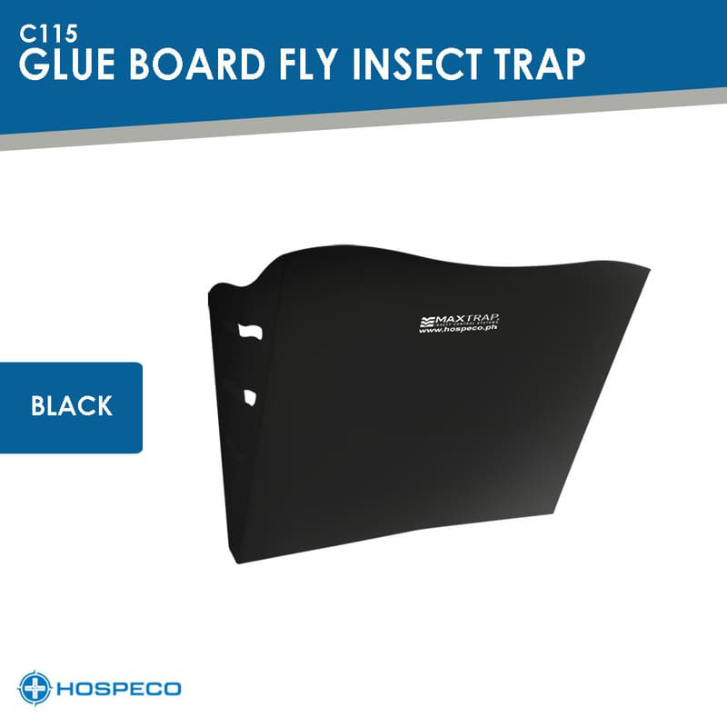 Black glue-board fly insect trap (Hospeco) labeled 'BLACK' designed to trap flies.