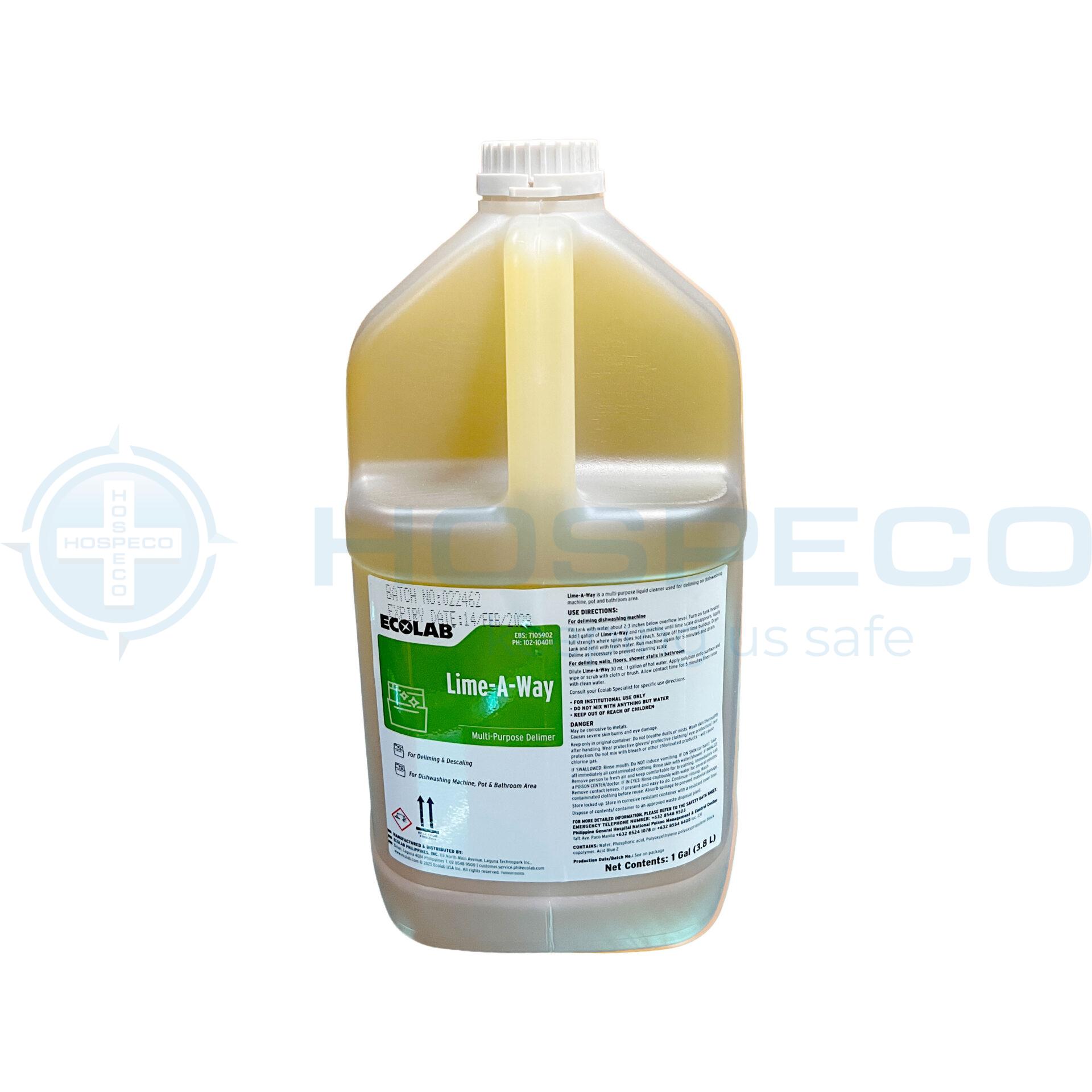One-gallon white plastic bottle of Lime-A-Way cleaner with a yellow liquid and a white cap, front label visible (Ecolab)