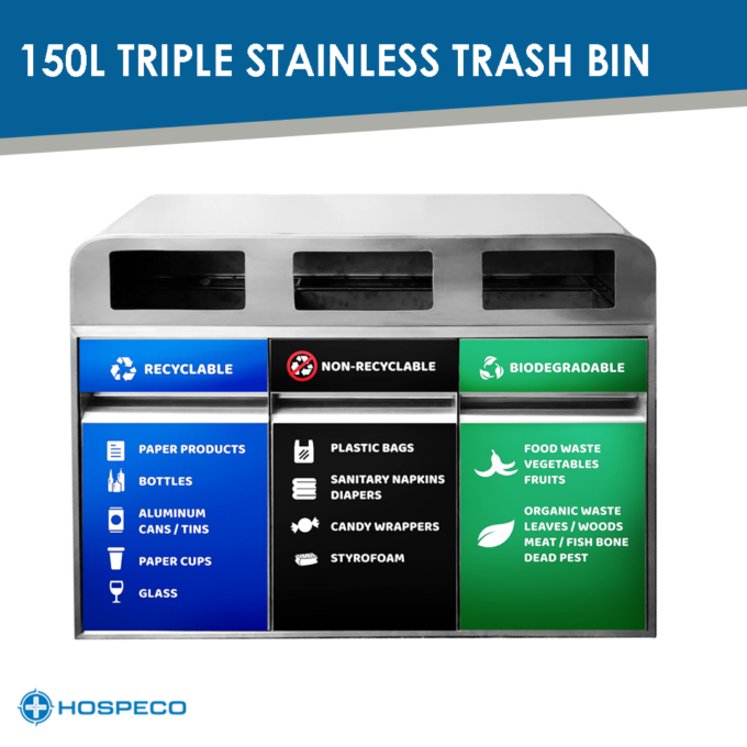 150L Triple Stainless Steel Segregation Trash Bin with Label