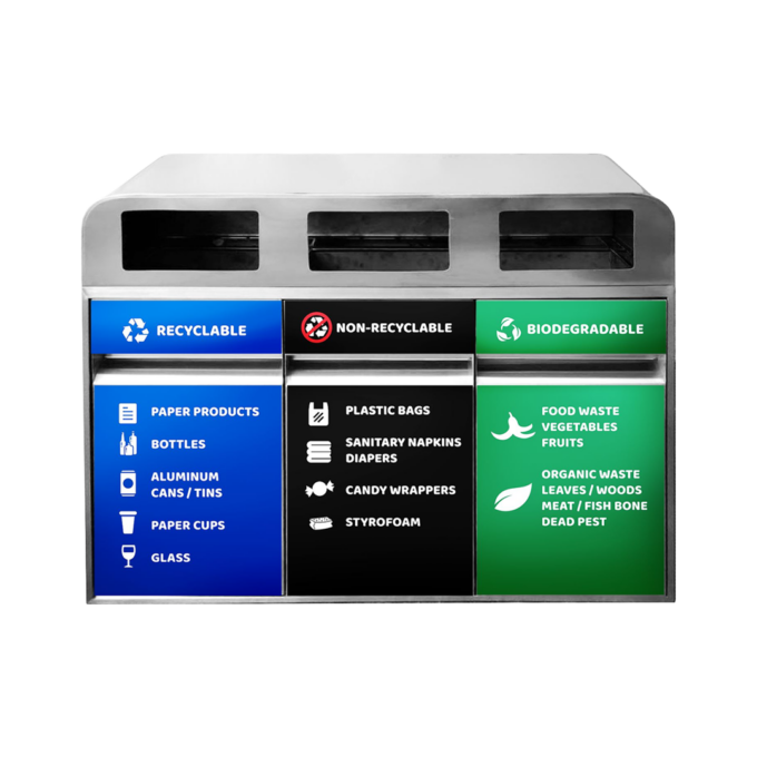 150L Triple Stainless Steel Segregation Trash Bin with Label