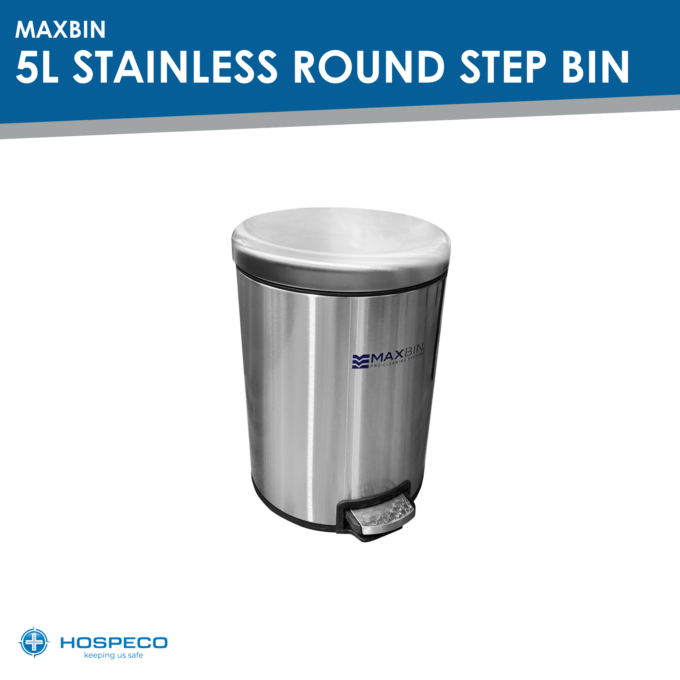MaxBin 5L Stainless Steel Round Step Bin | Cylindrical Trash Can | Foot Pedal Bin | Waste Bin | 5 Liters | HOSPECO