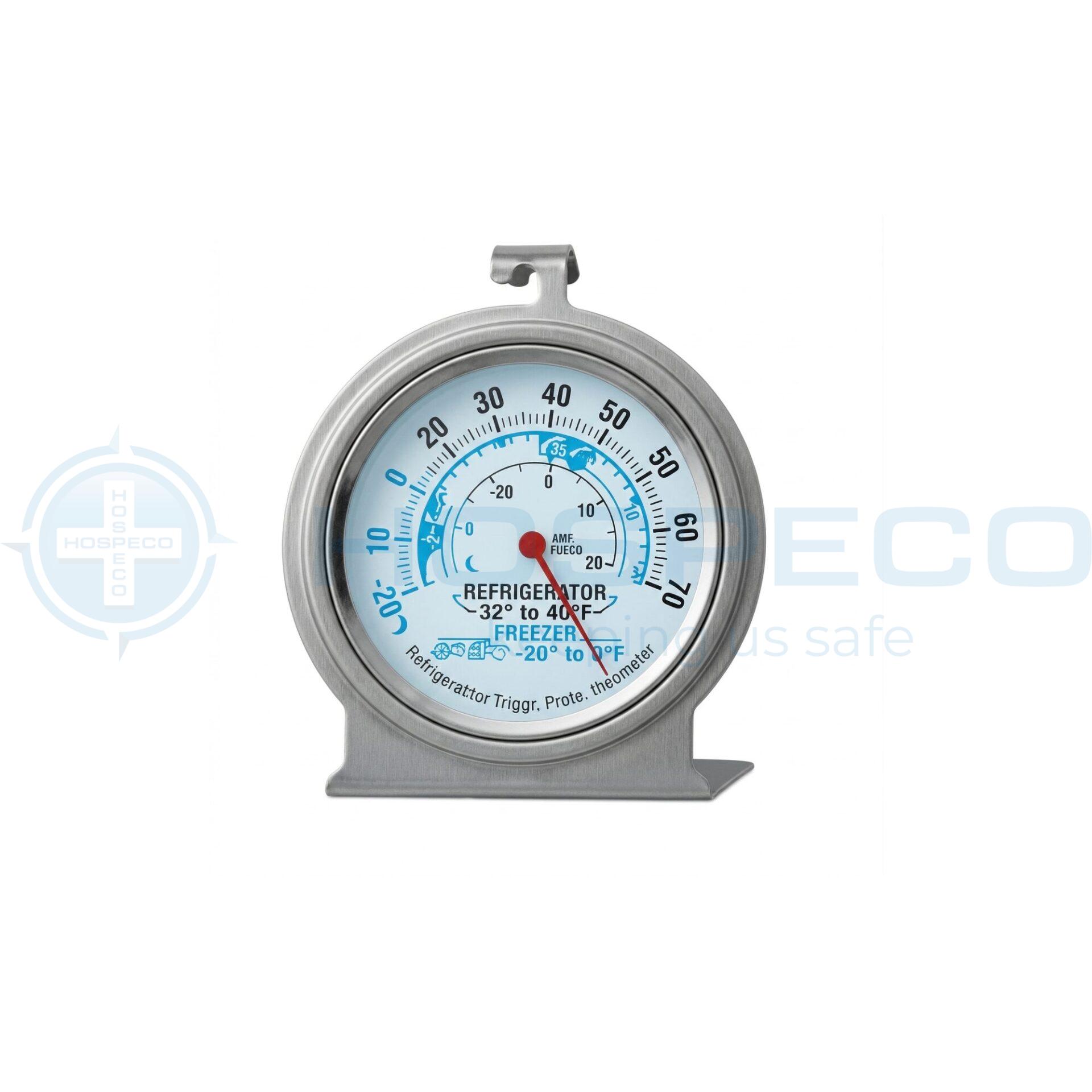 Metallic refrigerator/freezer thermometer with dual temperature scales, showing fridge 32–40°F and freezer -20 to 0°F.