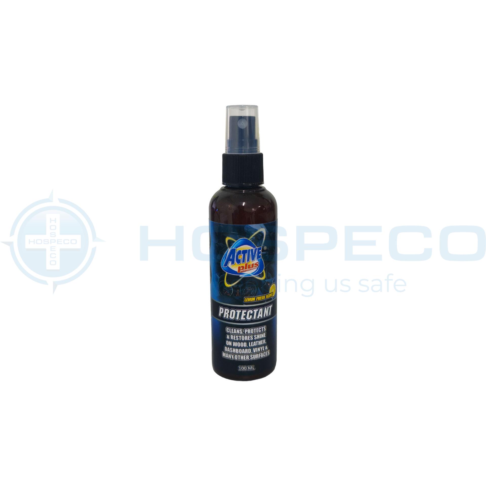 Spray bottle of cleaning solution with a blue label and clear spray nozzle, lemon scent, 100 ml capacity (Active Plus)